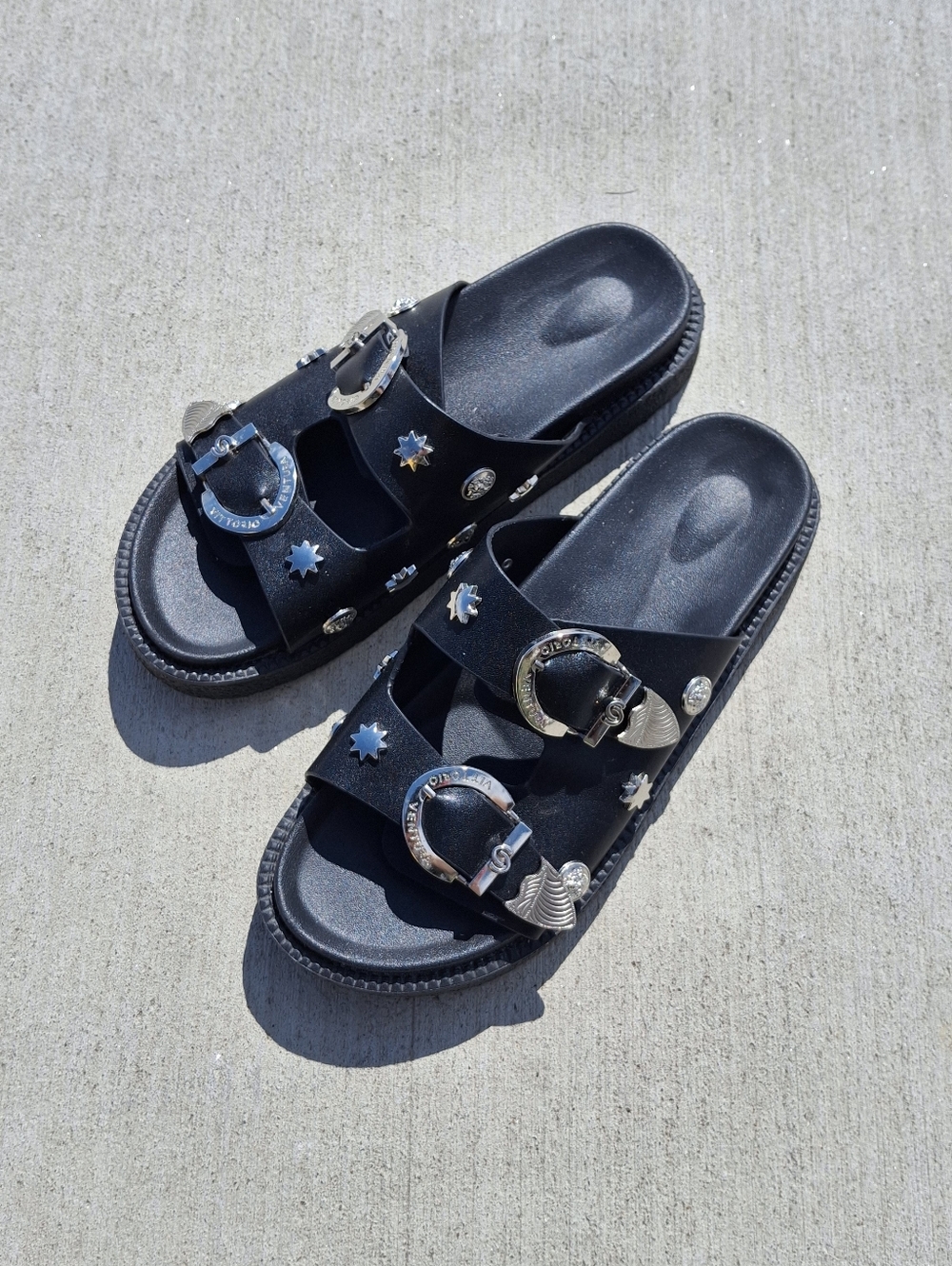 Vittorio Venture Black Sandals with Silver Studed Embellishements